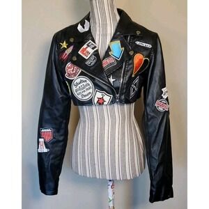 Hot & Delicious Faux Leather Jacket SMALL Cropped Punk Biker Patches Moto